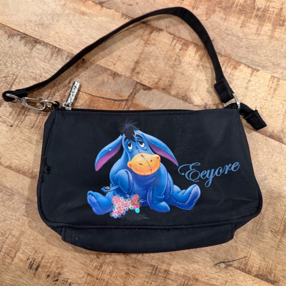 Vintage Y2K Disney Eeyore Black Nylon Small Shoulder Bag Baguette Purse Sequin